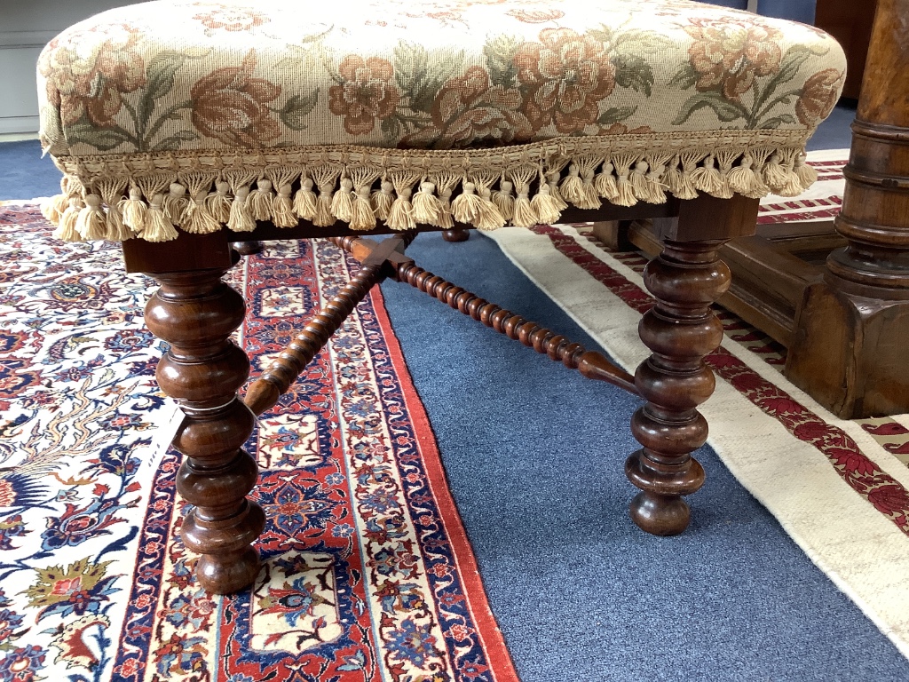 A Victorian bobbin turned walnut stool, length 116cm, depth 56cm, height 48cm